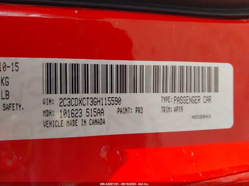 2016 Dodge Charger R/T VIN: 2C3CDXCT3GH115590 Lot: 43201151