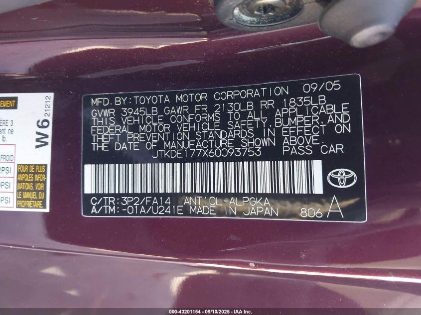 2006 Scion Tc VIN: JTKDE177X60093753 Lot: 43201154