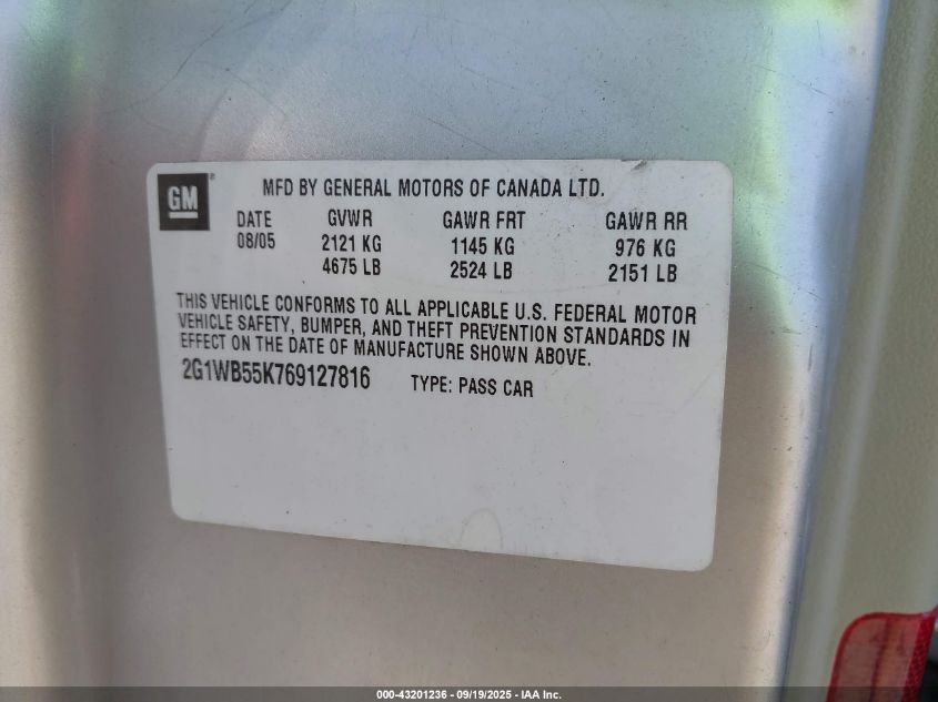 2006 Chevrolet Impala Ls VIN: 2G1WB55K769127816 Lot: 43201236