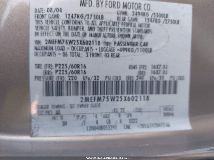 2005 Mercury Grand Marquis Ls/Lse VIN: 2MEFM75W25X602118 Lot: 43201243