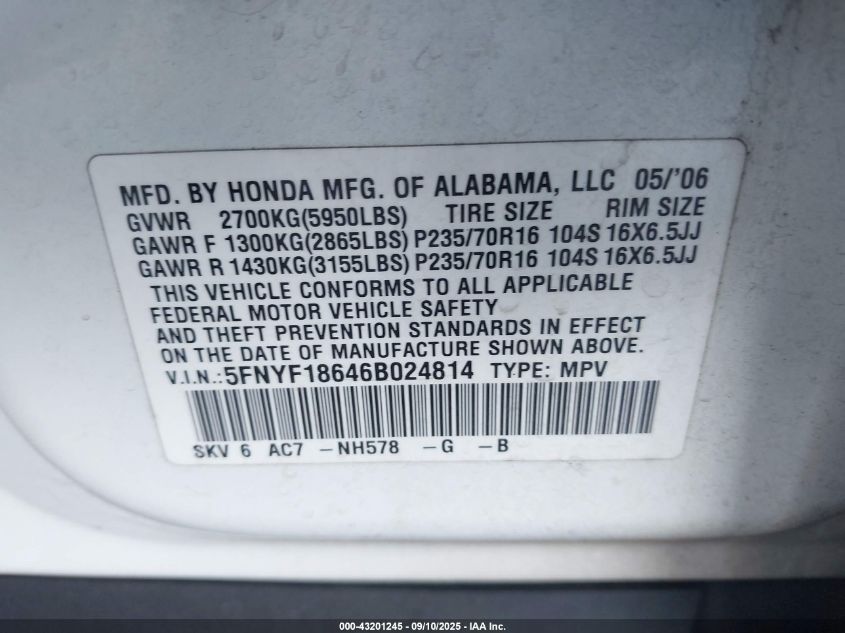 2006 Honda Pilot Ex-L VIN: 5FNYF18646B024814 Lot: 43201245