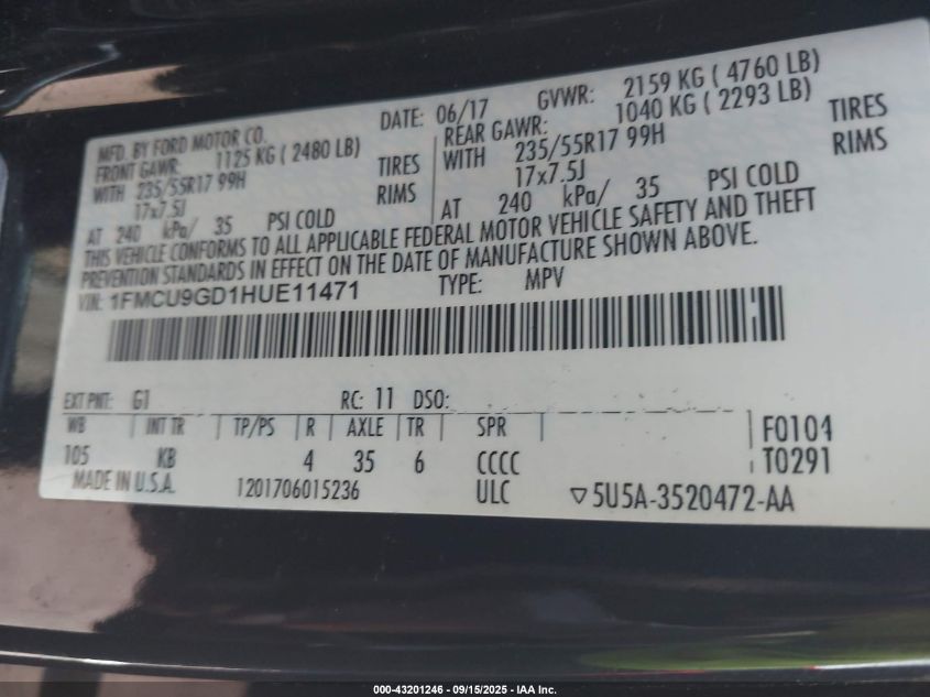 2017 Ford Escape Se VIN: 1FMCU9GD1HUE11471 Lot: 43201246