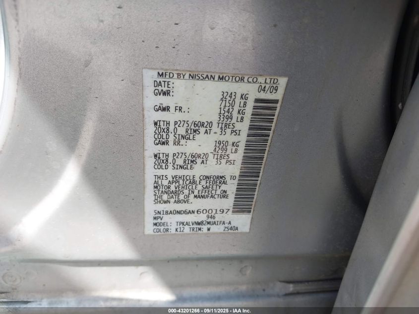 2010 Nissan Armada Platinum VIN: 5N1BA0ND6AN600197 Lot: 43201266