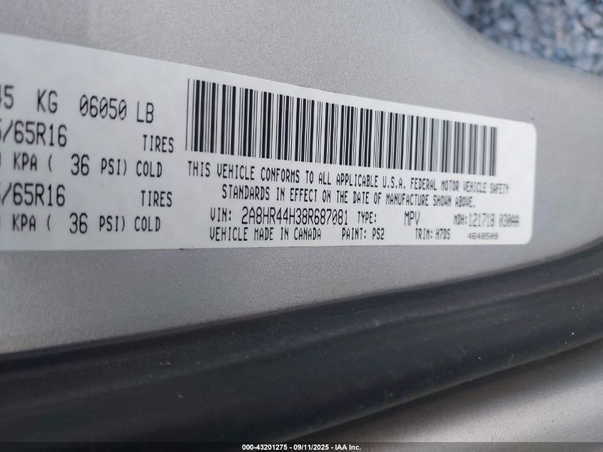 2008 Chrysler Town & Country Lx VIN: 2A8HR44H38R687081 Lot: 43201275