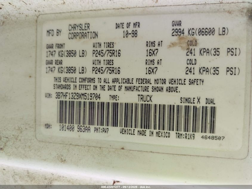 1999 Dodge Ram 1500 St VIN: 3B7HF13Z9XM519704 Lot: 43201277