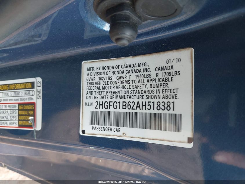 2010 Honda Civic Lx VIN: 2HGFG1B62AH518381 Lot: 43201285