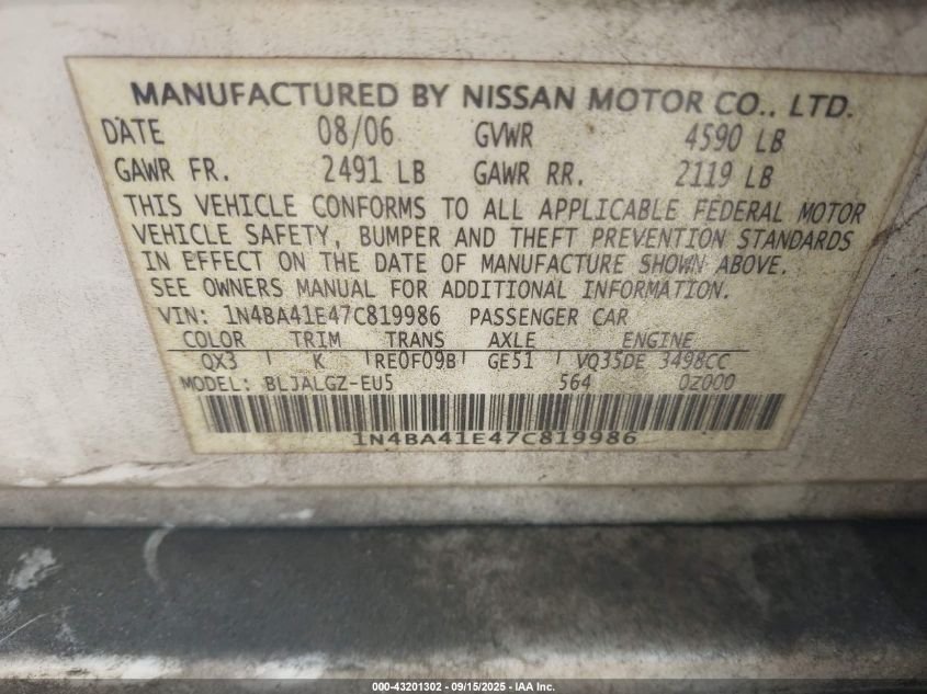 2007 Nissan Maxima 3.5 Sl VIN: 1N4BA41E47C819986 Lot: 43201302