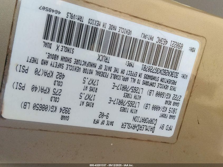 2003 Dodge Ram 2500 Slt/St VIN: 3D3KA26DX3G720781 Lot: 43201337