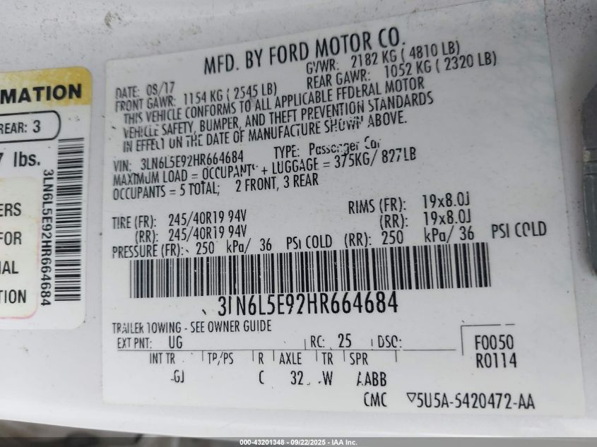 2017 Lincoln Mkz Reserve VIN: 3LN6L5E92HR664684 Lot: 43201348