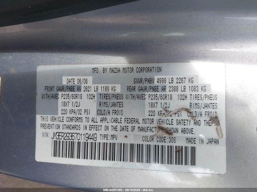 2007 Mazda Cx-7 Touring VIN: JM3ER293670119449 Lot: 43201363