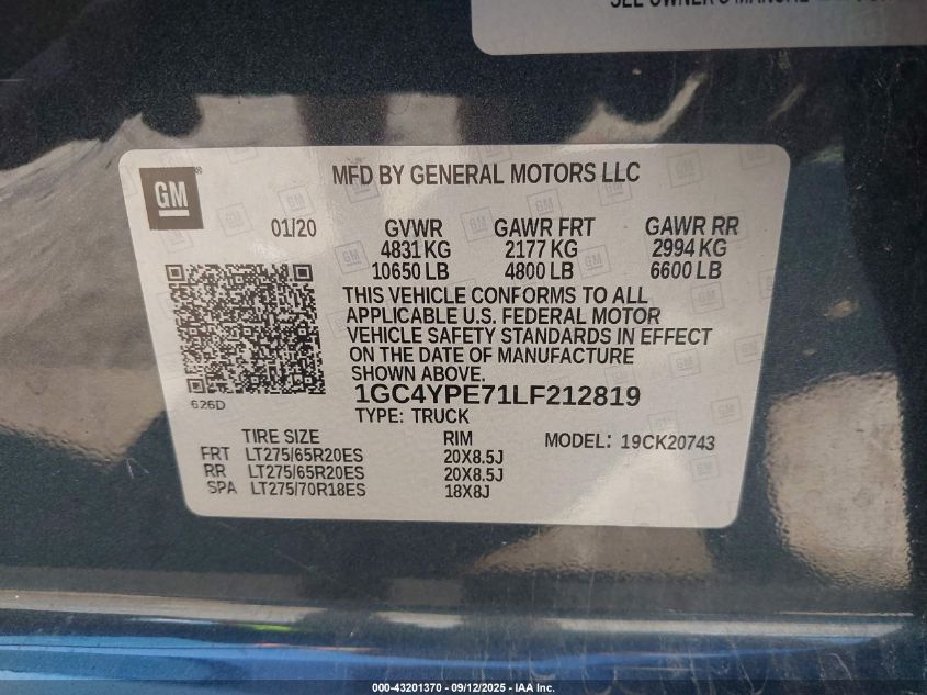 2020 Chevrolet Silverado 2500Hd 4Wd Standard Bed Ltz VIN: 1GC4YPE71LF212819 Lot: 43201370