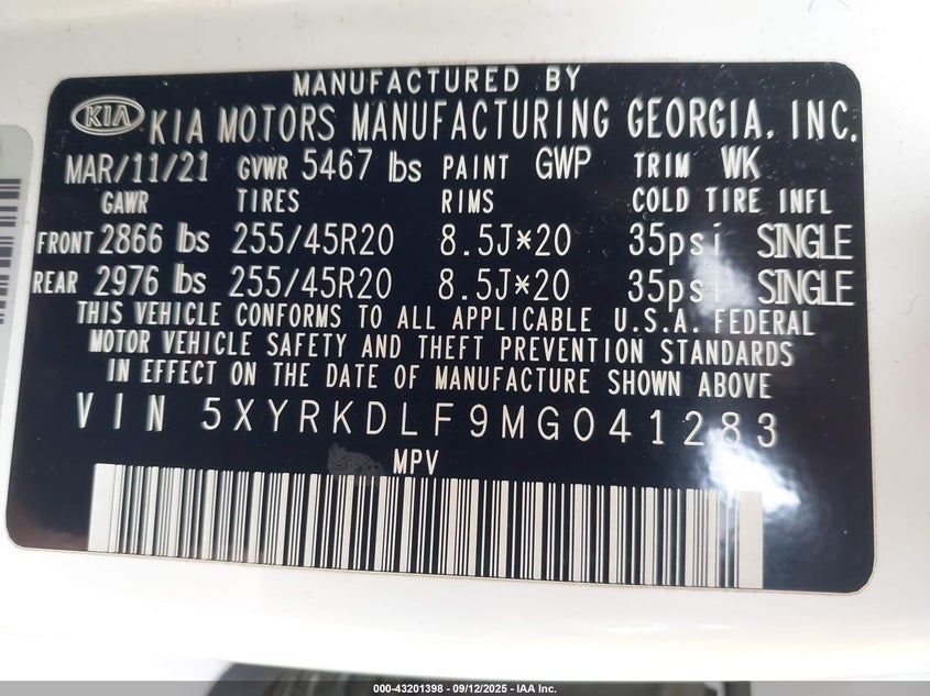 2021 Kia Sorento Sx VIN: 5XYRKDLF9MG041283 Lot: 43201398