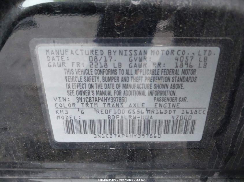 2017 Nissan Sentra Sr Turbo VIN: 3N1CB7AP4HY397860 Lot: 43201422