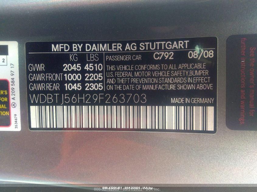 2009 Mercedes-Benz Clk 350 VIN: WDBTJ56H29F263703 Lot: 43201451