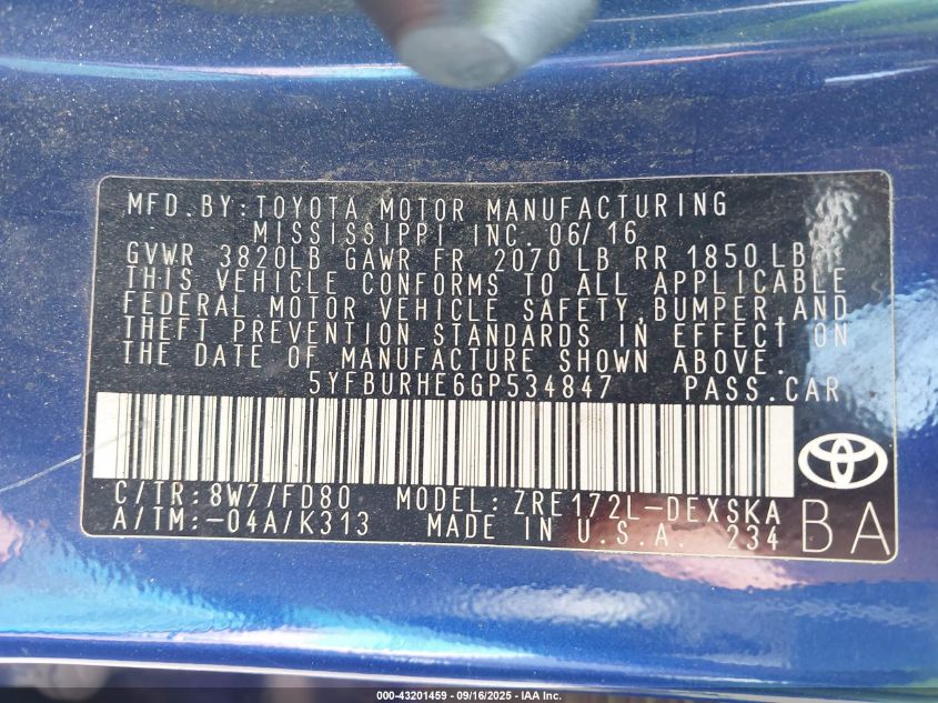 2016 Toyota Corolla L/Le/Le Pls/Prm/S/S Pls VIN: 5YFBURHE6GP534847 Lot: 43201459