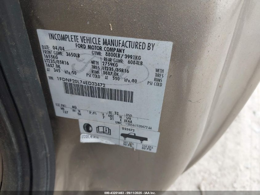 2004 Ford F-250 Xl/Xlt VIN: 1FDNF20L74ED33472 Lot: 43201463
