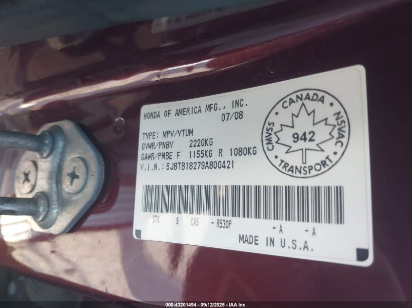 2009 Acura Rdx VIN: 5J8TB18279A800421 Lot: 43201494