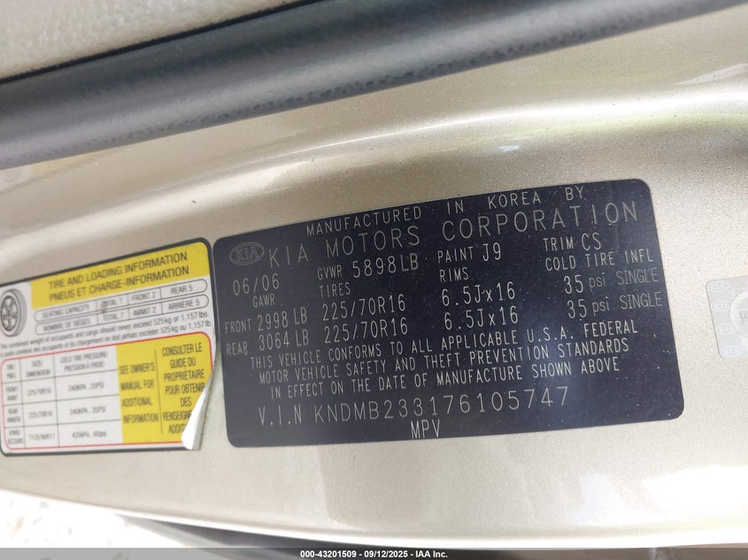 2007 Kia Sedona Lx VIN: KNDMB233176105747 Lot: 43201509