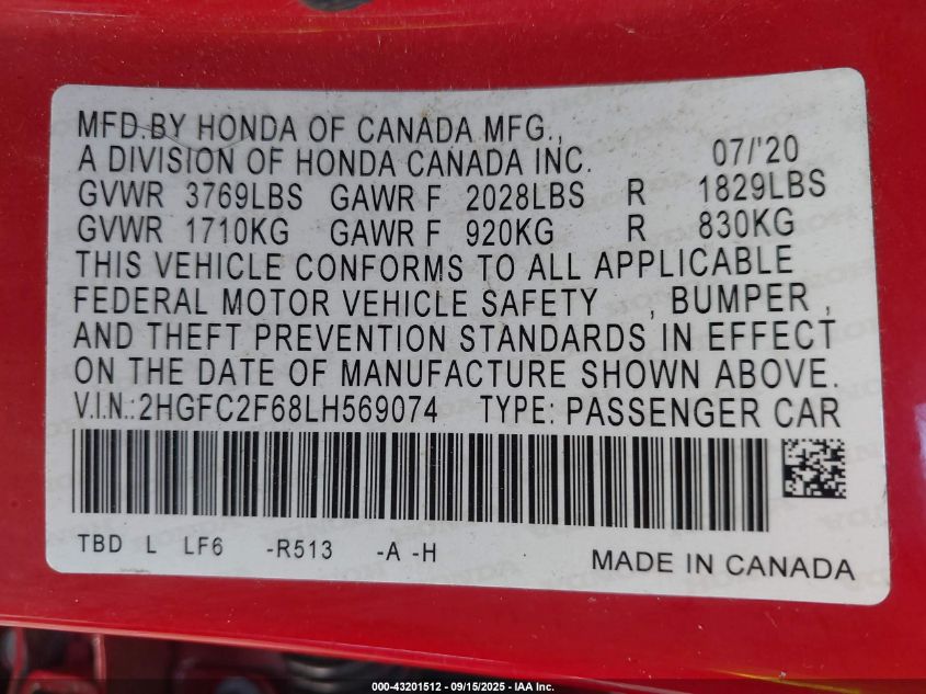 2020 Honda Civic Lx VIN: 2HGFC2F68LH569074 Lot: 43201512