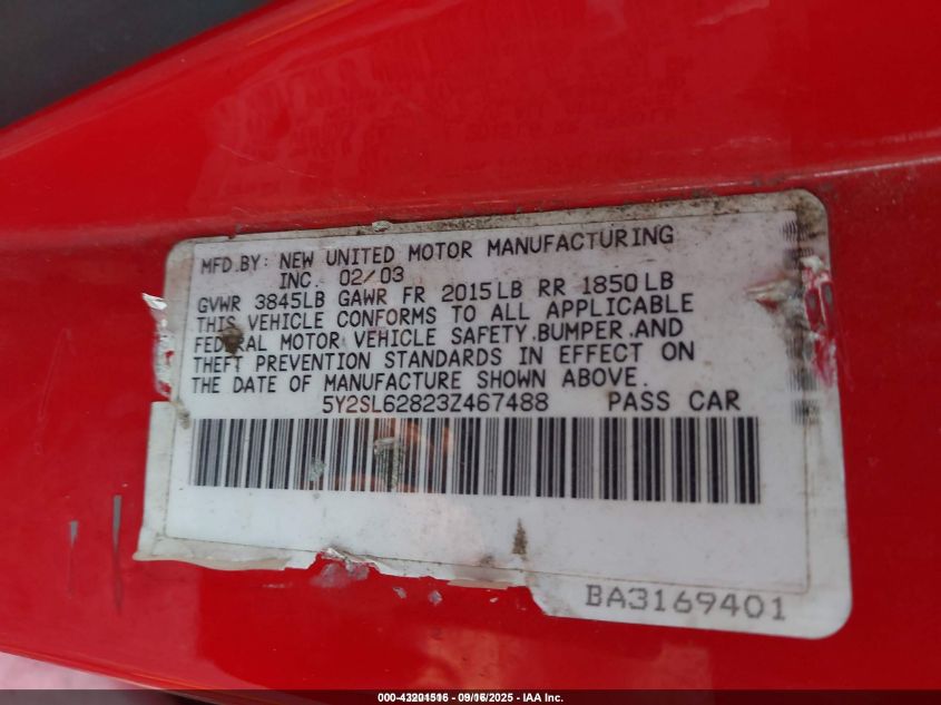 2003 Pontiac Vibe VIN: 5Y2SL62823Z467488 Lot: 43201516