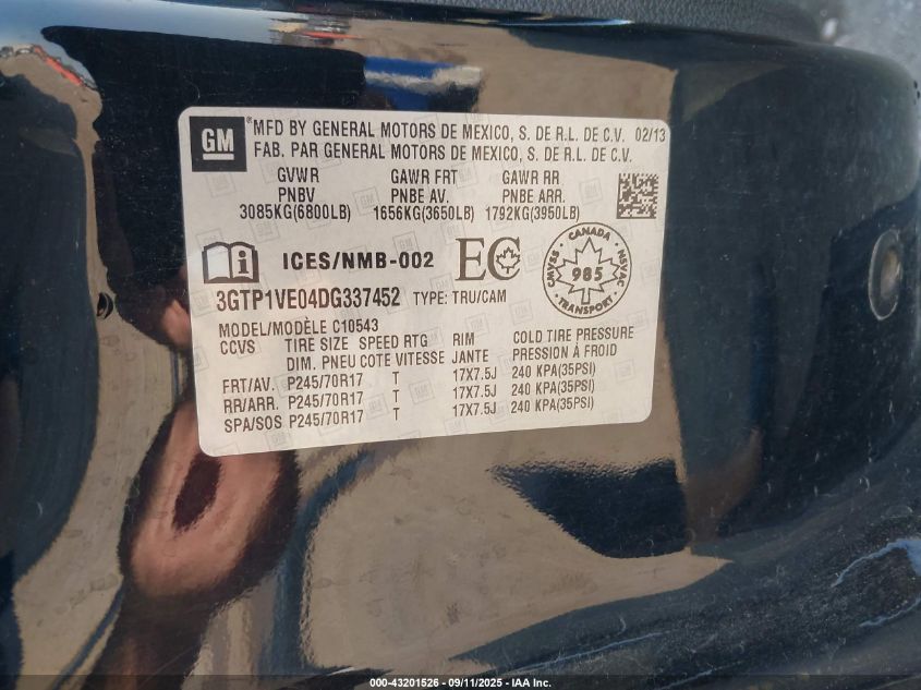2013 GMC Sierra VIN: 3GTP1VE04VZ337452 Lot: 43201526