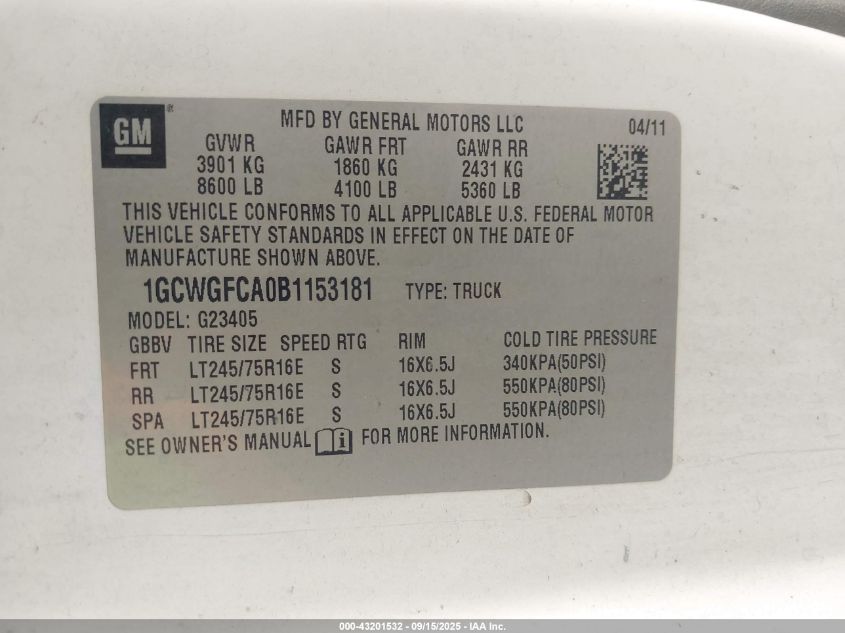 2011 Chevrolet Express 2500 Work Van VIN: 1GCWGFCA0B1153181 Lot: 43201532