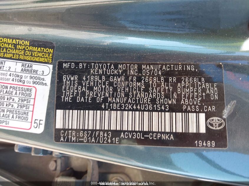 2004 Toyota Camry Le VIN: 4T1BE32K44U361543 Lot: 43201548