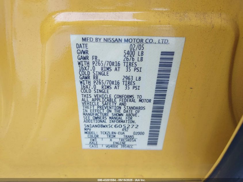 2005 Nissan Xterra S VIN: 5N1AN08WX5C605272 Lot: 43201554