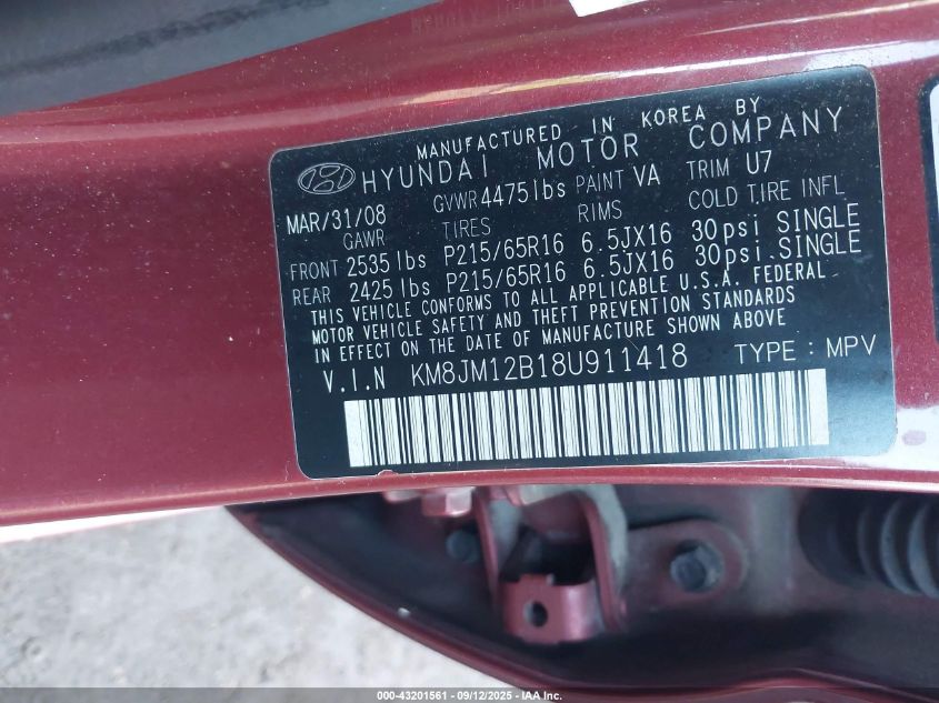 2008 Hyundai Tucson Gls VIN: KM8JM12B184911418 Lot: 43201561