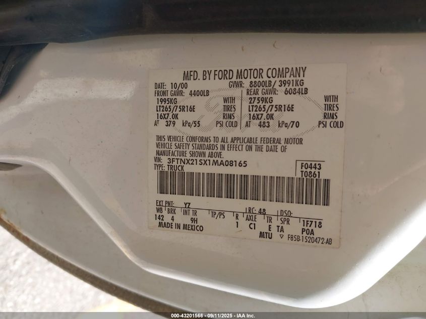 2001 Ford F-250 Lariat/Xl/Xlt VIN: 3FTNX21SX1MA08165 Lot: 43201566