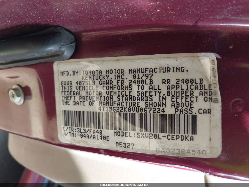 1997 Toyota Camry Ce VIN: 4T1BG22K0VU067224 Lot: 43201569