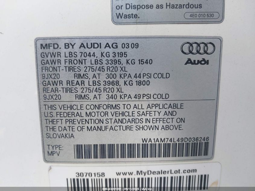 2009 Audi Q7 3.0 Tdi VIN: WA1AM74L49D036246 Lot: 43201591