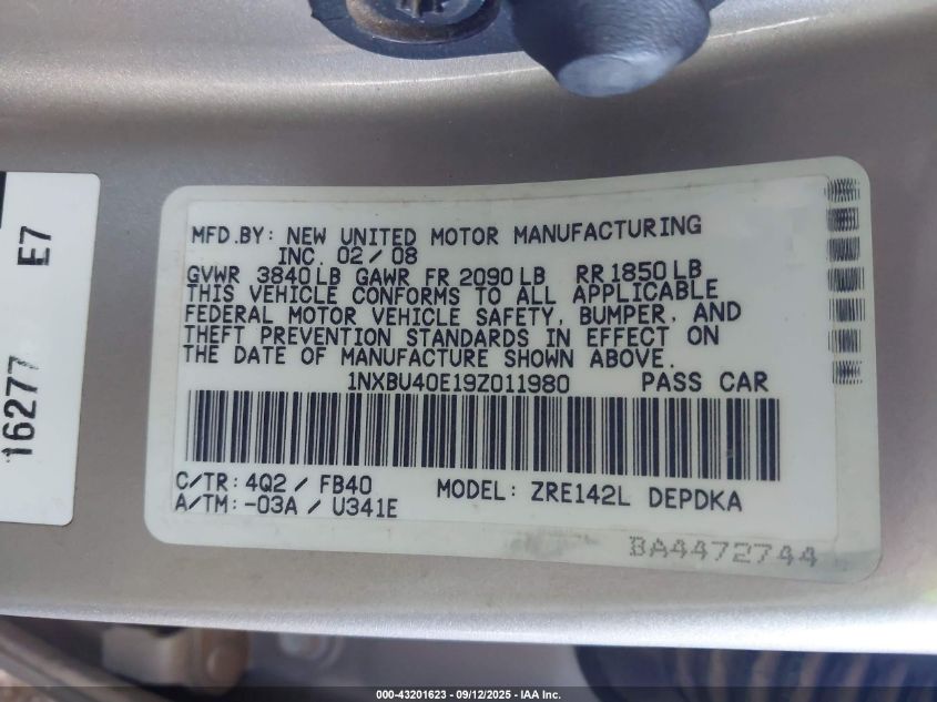 2009 Toyota Corolla Le VIN: 1NXBU40E19Z011980 Lot: 43201623