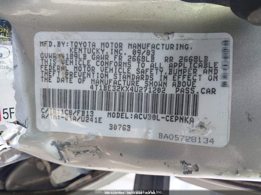 2004 Toyota Camry Le VIN: 4T1BE32KX4U271202 Lot: 43201685