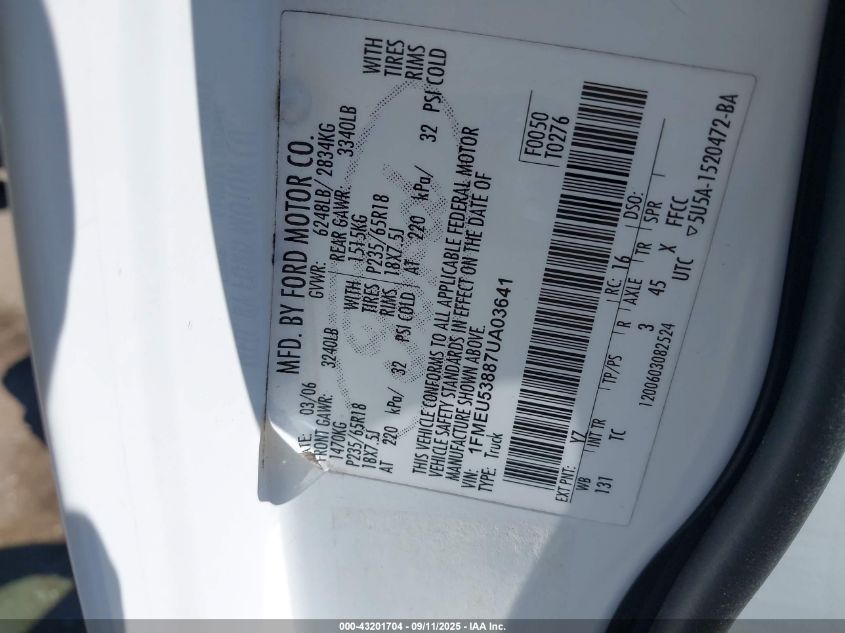 2007 Ford Explorer Sport Trac Limited VIN: 1FMEU53887UA03641 Lot: 43201704