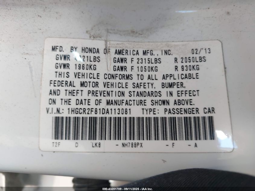 2013 Honda Accord Ex-L VIN: 1HGCR2F81DA113081 Lot: 43201709