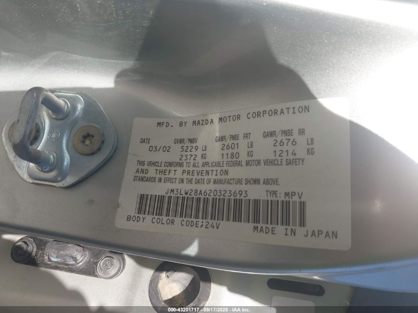 2002 Mazda Mpv Es/Lx VIN: JM3LW28A620323693 Lot: 43201717