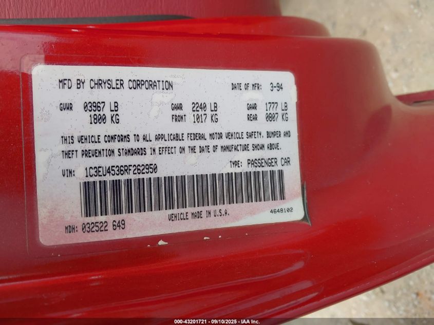 1994 Chrysler Lebaron Gtc/Lx VIN: 1C3EU4536RF262950 Lot: 43201721