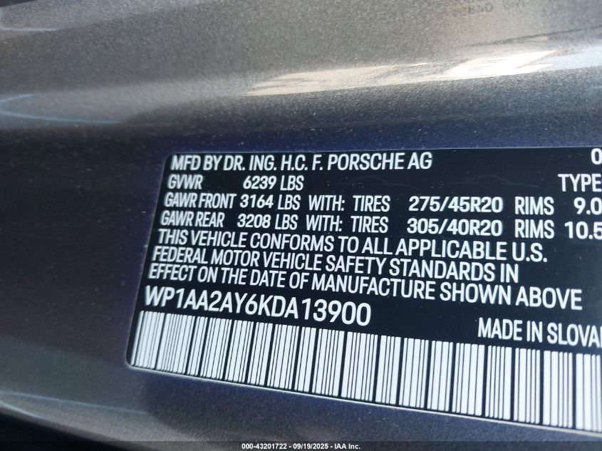 2019 Porsche Cayenne VIN: WP1AA2AY6KDA13900 Lot: 43201722