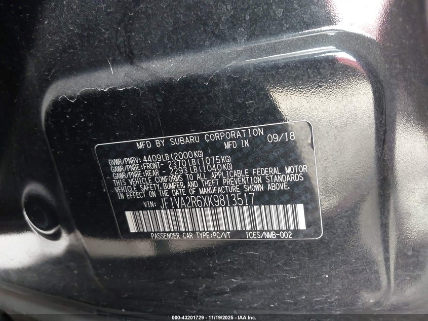 2019 Subaru Wrx Sti VIN: JF1VA2R6XK9813517 Lot: 43201729