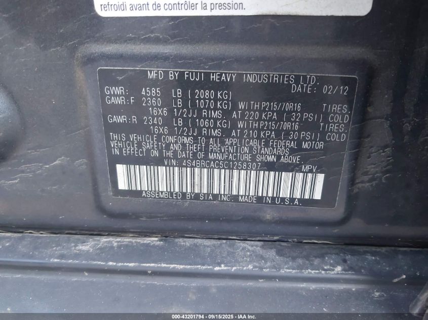 2012 Subaru Outback 2.5I VIN: 4S4BRCAC5C1258307 Lot: 43201794