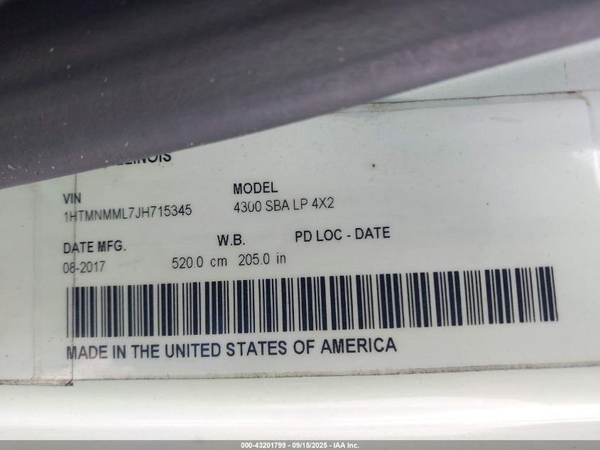 2018 International Durastar 4300 VIN: 1HTMNMML7JH715345 Lot: 43201799