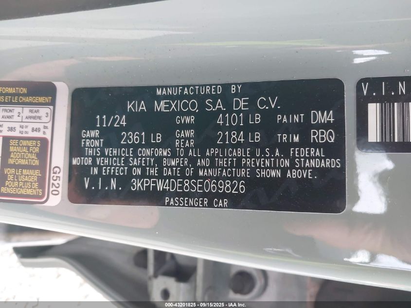 2025 Kia K4 Gt-Line VIN: 3KPFW4DE8SE069826 Lot: 43201825