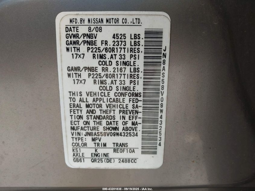 2009 Nissan Rogue Sl VIN: JN8AS58V09W432534 Lot: 43201838