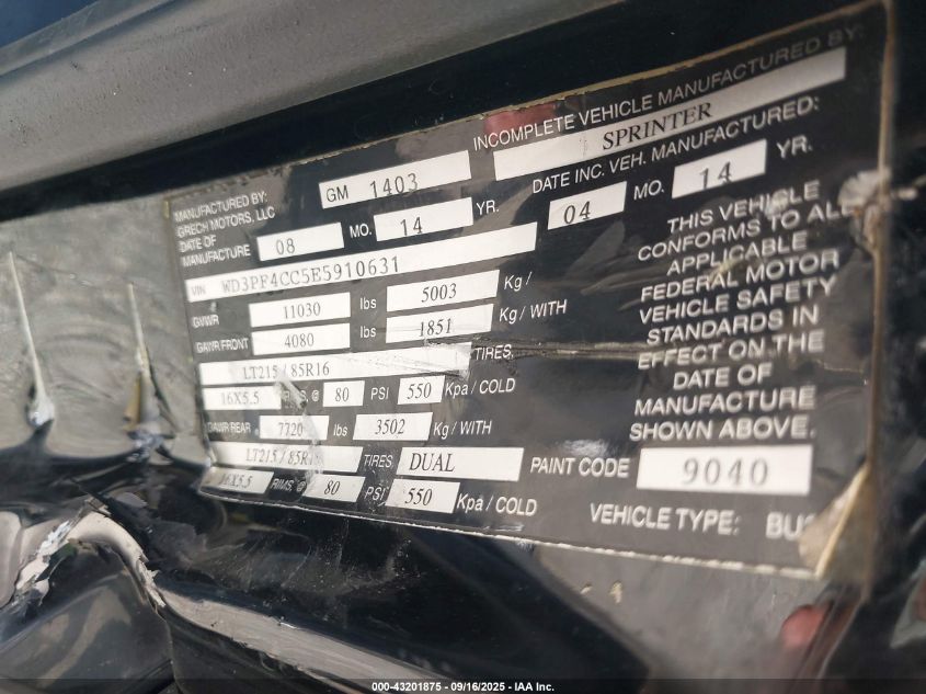 2014 Mercedes-Benz Sprinter 3500 High Roof VIN: WD3PF4CC5E5910631 Lot: 43201875