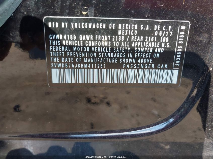 2017 Volkswagen Jetta 1.4T Se VIN: 3VWDB7AJ8HM411261 Lot: 43201878