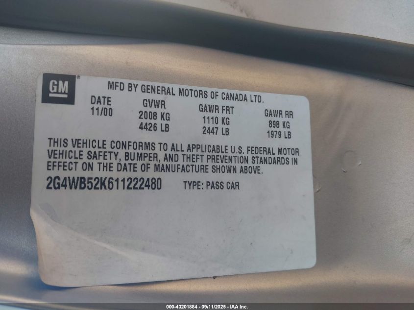 2001 Buick Regal Ls VIN: 2G4WB52K611222480 Lot: 43201884