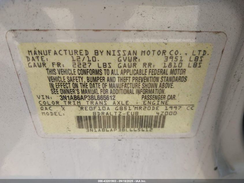 2011 Nissan Sentra 2.0Sr VIN: 3N1AB6AP3BL665612 Lot: 43201903