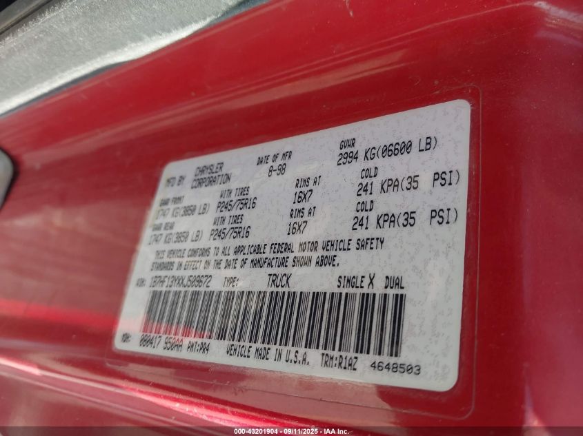 1999 Dodge Ram 1500 St VIN: 1B7HF13YXXJ509672 Lot: 43201904