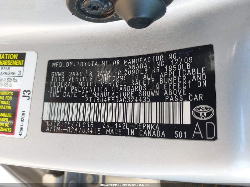 2010 Toyota Corolla Xle VIN: 2T1BU4EE9AC324435 Lot: 43201910